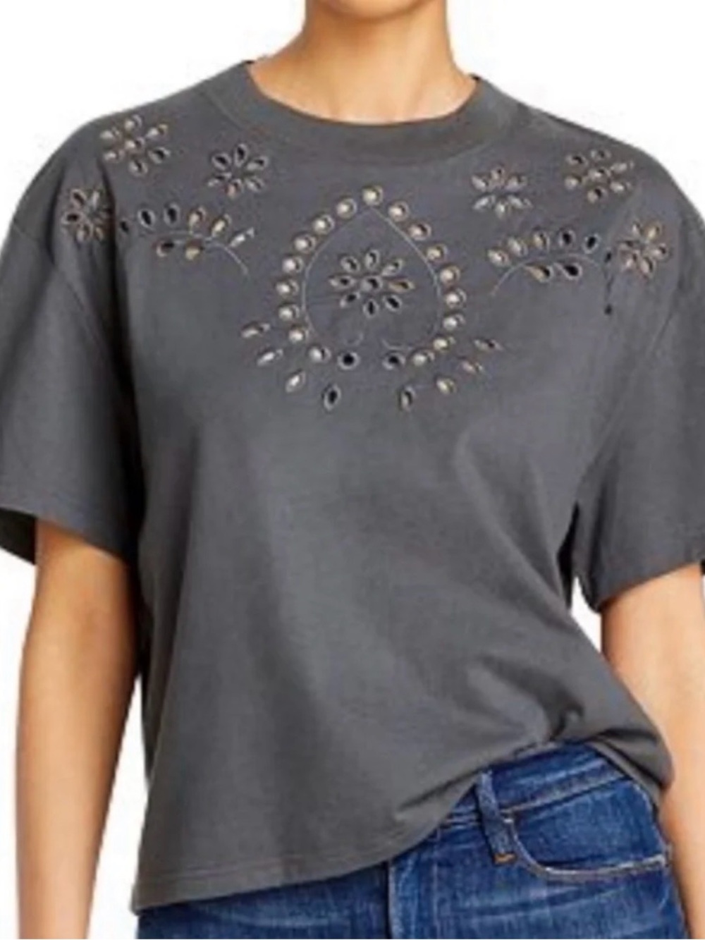 Rails Byrdie Eyelet Embroidered T-Shirt in a dark gray  Small bohemian Boho